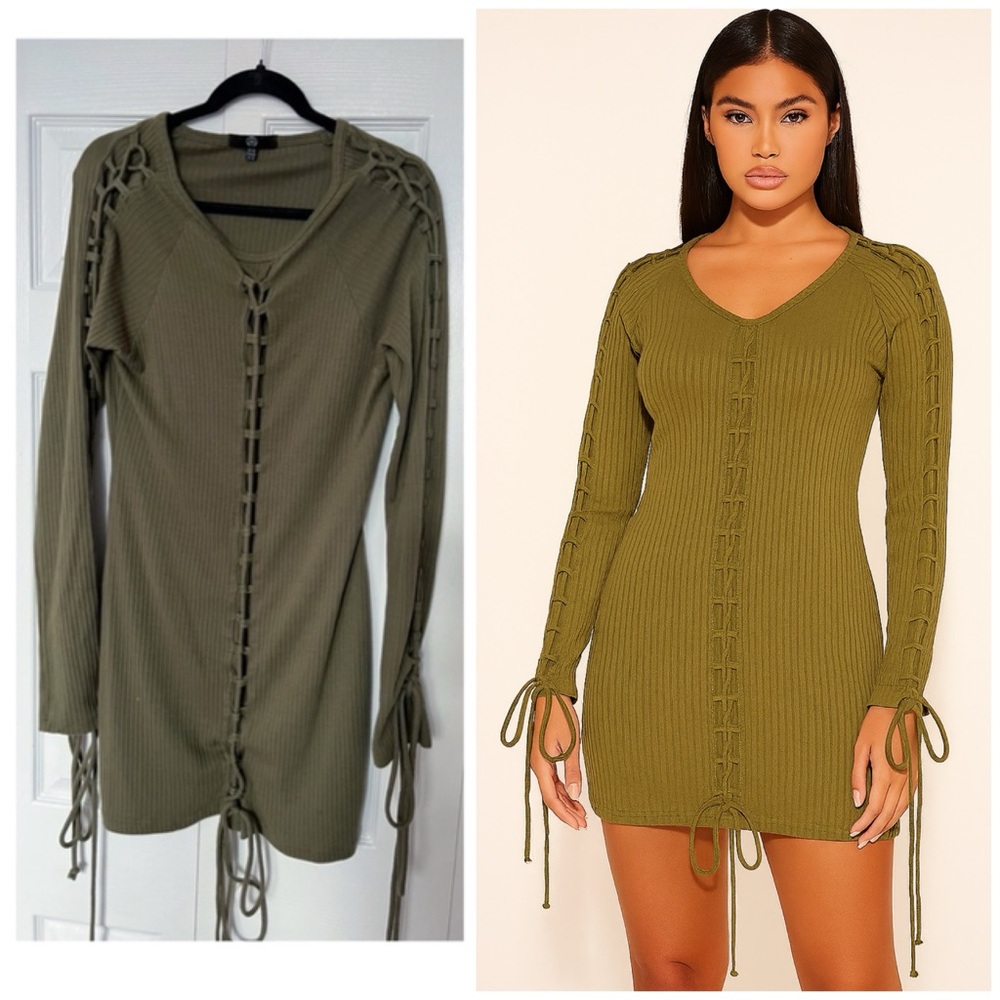 Missguided Olive Khaki Lace Up Ribbed Knit Bodycon Mini Dress Size 12